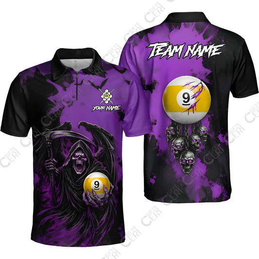 Customized 9 Ball Pool Quarter-Zip Polo Shirt, Billiard Death Skull Paint Splash 9-Ball, Billiards Jersey