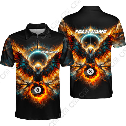 Customized 8 Ball Pool Quarter-Zip Polo Shirt, Billiard Phantom 8-Ball Flame Eagle, Billiards Jerseys