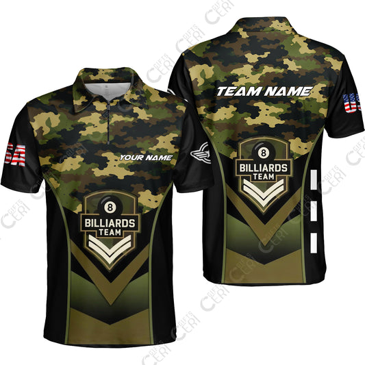 Customized 8 Ball Pool Quarter-Zip Polo Shirt, Camo Billiards Elite Billiard 8-Ball, Billiards Jerseys
