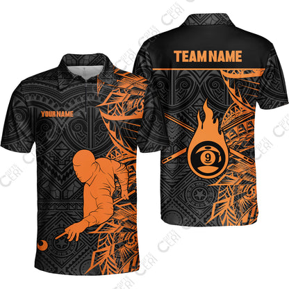 Customized 9 Ball Pool Quarter-Zip Polo Shirt, 9-Ball Billiards Tattoo Pattern, Billiards Jerseys