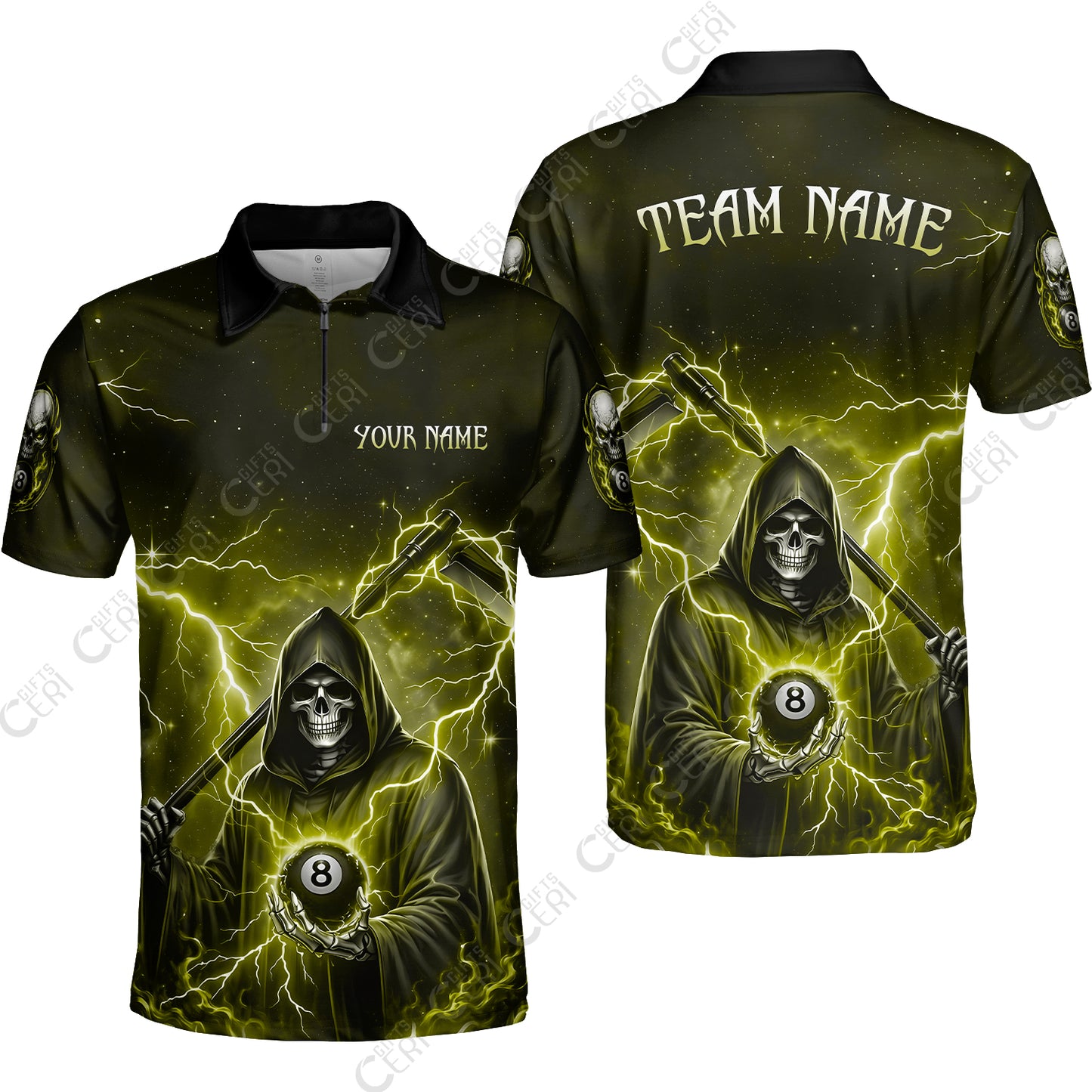 Customized 8 Ball Pool Quarter-Zip Polo Shirt, Lightning And Flame Grim Reaper With 8 Ball, Personalized Billiards Jersey