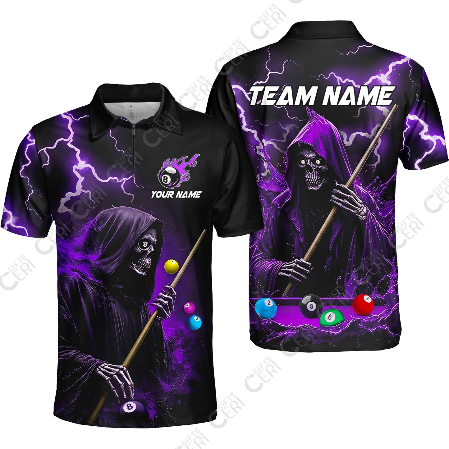 Customized 8 Ball Pool Quarter-Zip Polo Shirt, The Death Plays Billiards 8-Ball Flame, Billiards Jerseys