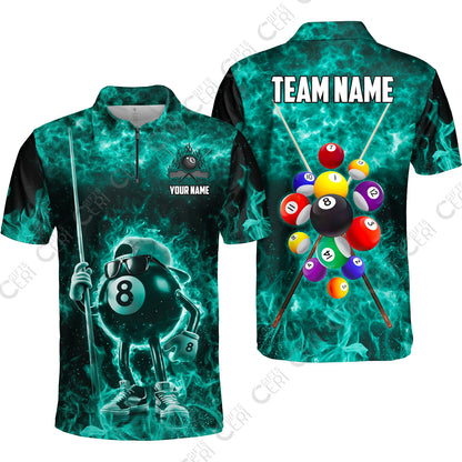 Customized 8 Ball Pool Quarter-Zip Polo Shirt, 8-Ball Wearing Cap And Sunglasses Flaming Burn, Billiard Jerseys