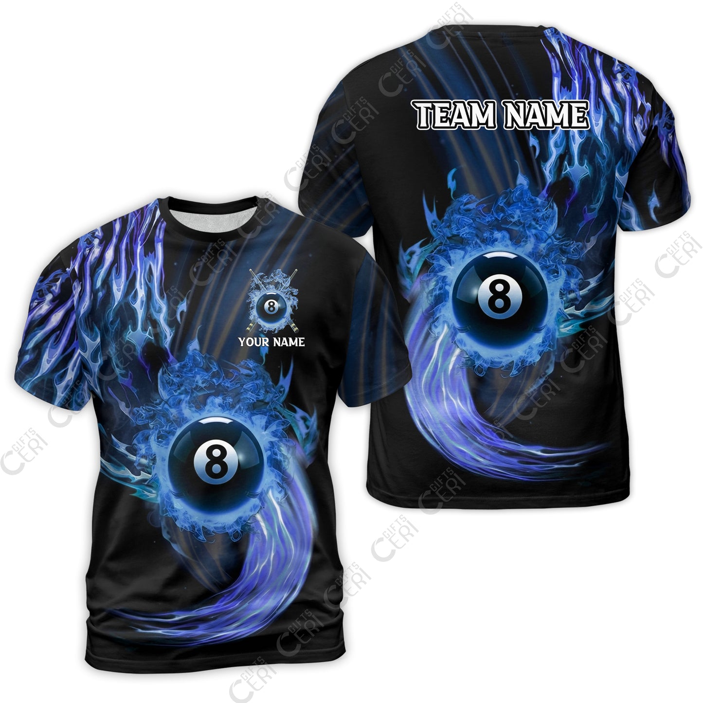 Customized 8 Ball Pool T-Shirt, 8-Ball Swirling Fire And Glowing Smoke, Billiards Jerseys