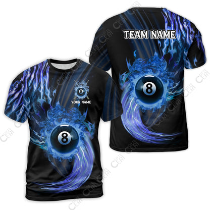 Customized 8 Ball Pool T-Shirt, 8-Ball Swirling Fire And Glowing Smoke, Billiards Jerseys
