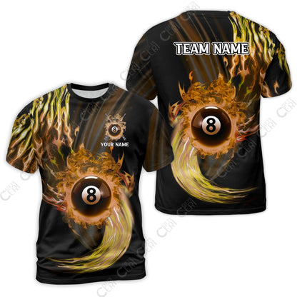 Customized 8 Ball Pool T-Shirt, 8-Ball Swirling Fire And Glowing Smoke, Billiards Jerseys