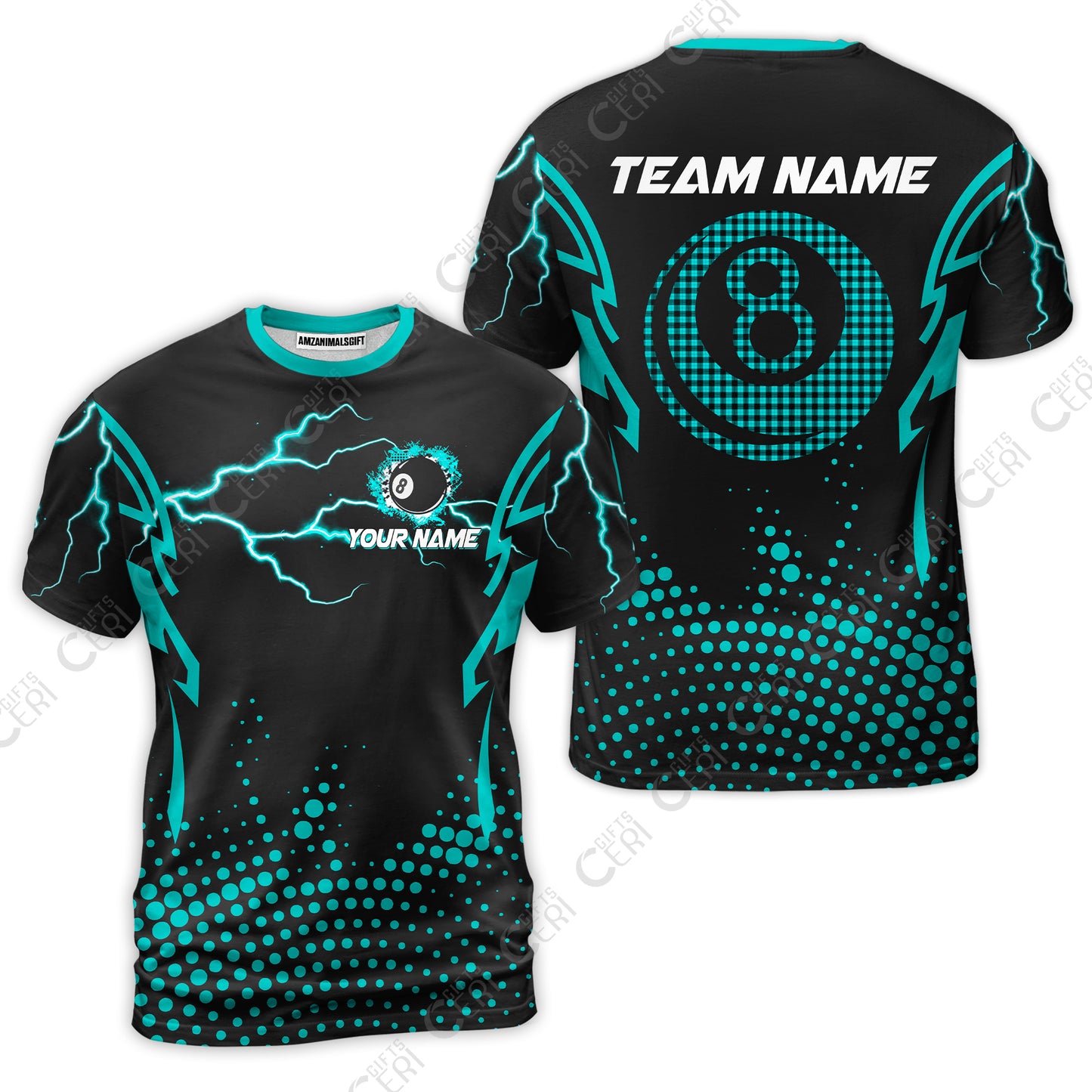 Customized Billiards T-Shirt, Lightning Graphics With Dots 8 Ball Pool Jersey