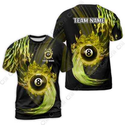 Customized 8 Ball Pool T-Shirt, 8-Ball Swirling Fire And Glowing Smoke, Billiards Jerseys