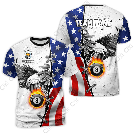 Customized Billiards T-Shirt, US Flag White Eagle Flame Pin Dust Pattern Personalized Billiard 8 Ball Jersey