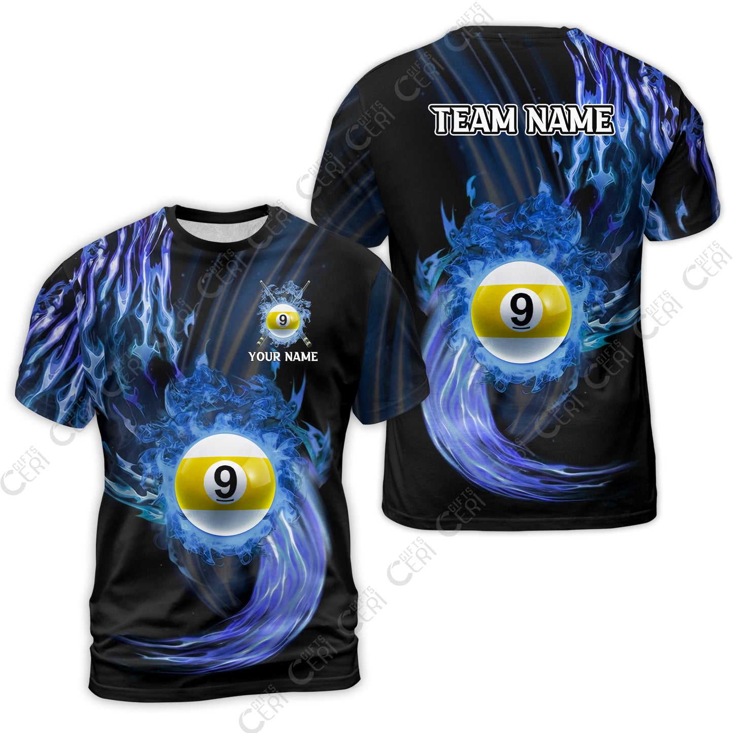 Customized 9 Ball Pool T-Shirt, 9-Ball Swirling Fire And Glowing Smoke, Billiards Jerseys