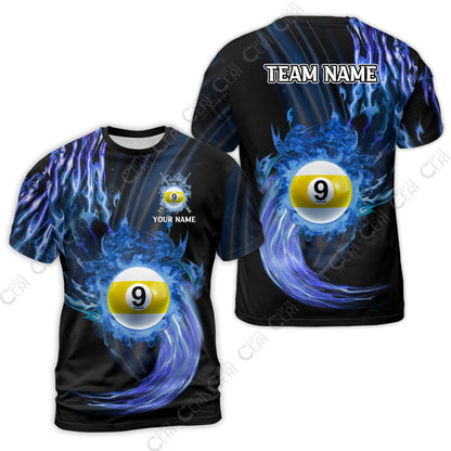 Customized 9 Ball Pool T-Shirt, 9-Ball Swirling Fire And Glowing Smoke, Billiards Jerseys