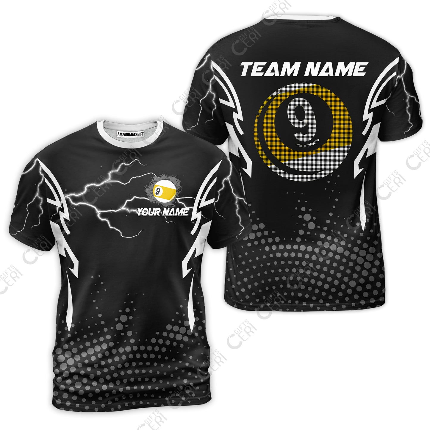Customized Billiards T-Shirt, Lightning Graphics With Dots 9 Ball Pool Jersey