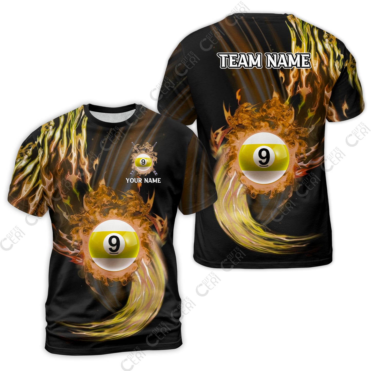 Customized 9 Ball Pool T-Shirt, 9-Ball Swirling Fire And Glowing Smoke, Billiards Jerseys
