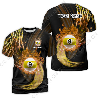 Customized 9 Ball Pool T-Shirt, 9-Ball Swirling Fire And Glowing Smoke, Billiards Jerseys