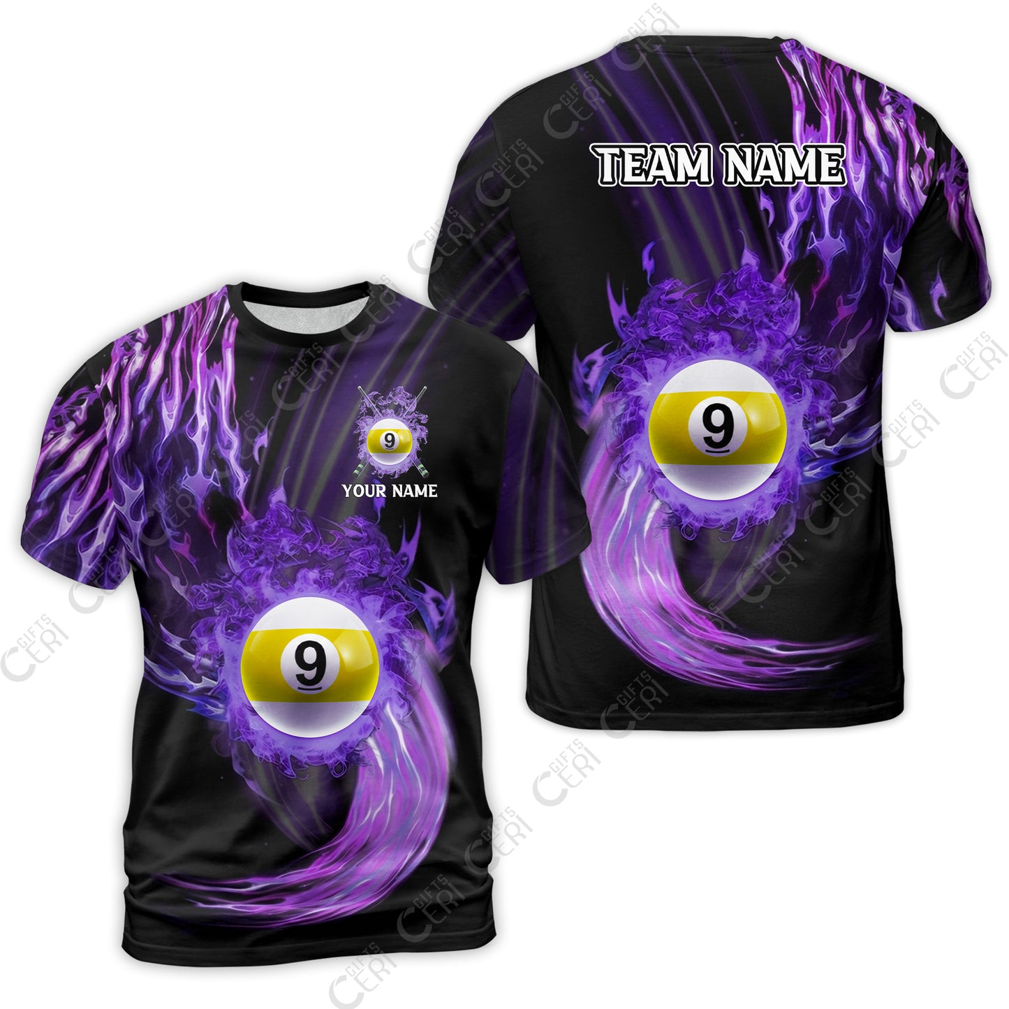 Customized 9 Ball Pool T-Shirt, 9-Ball Swirling Fire And Glowing Smoke, Billiards Jerseys