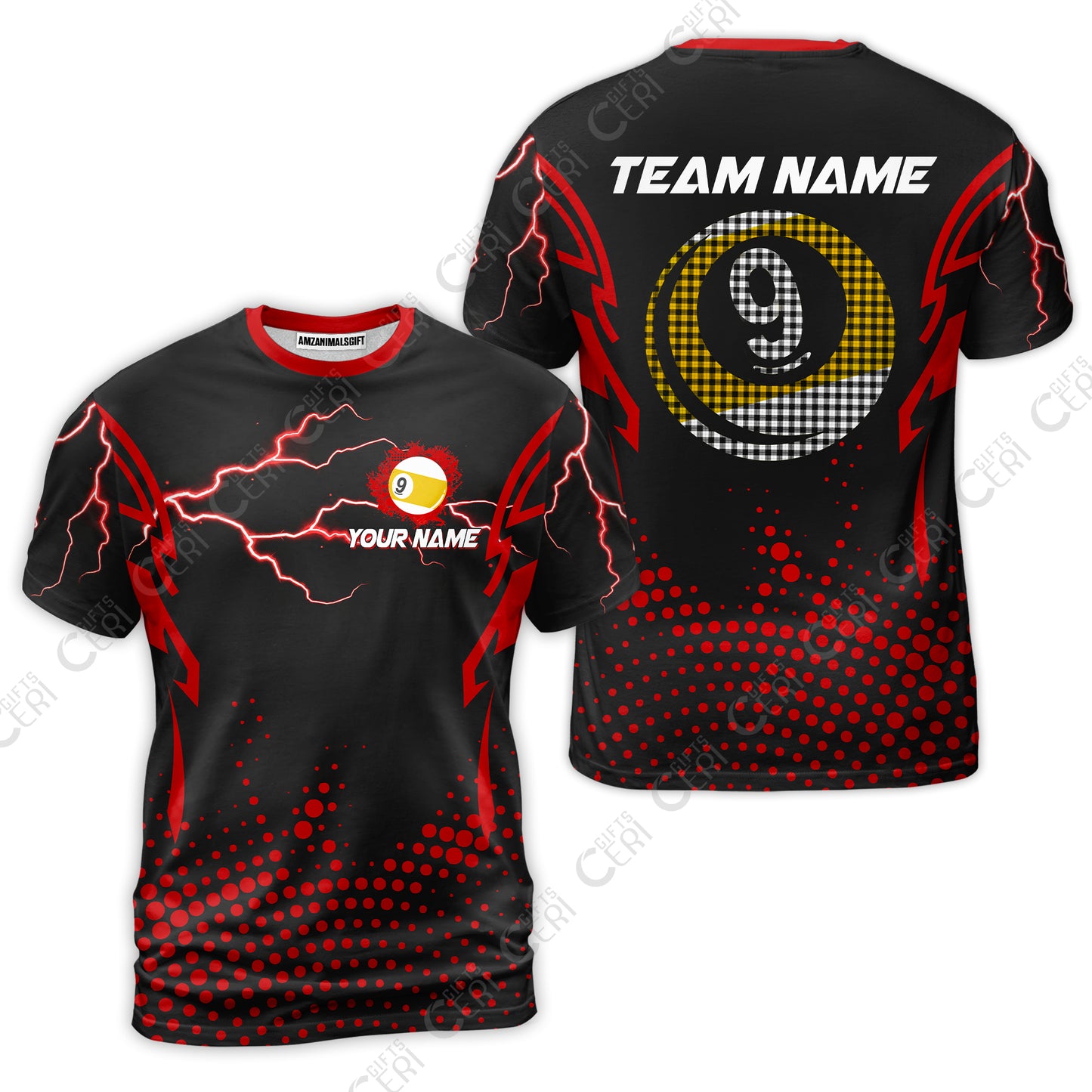 Customized Billiards T-Shirt, Lightning Graphics With Dots 9 Ball Pool Jersey