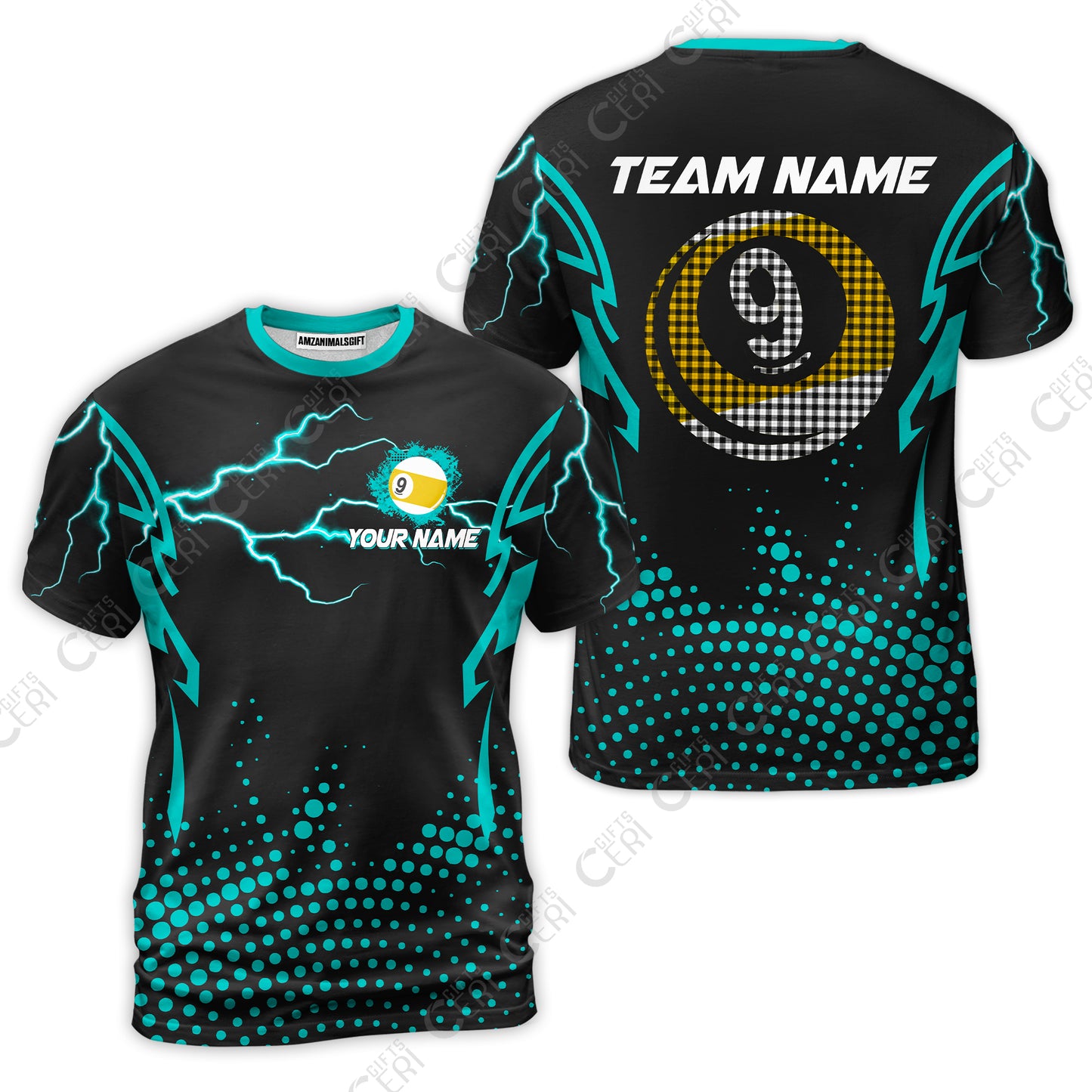 Customized Billiards T-Shirt, Lightning Graphics With Dots 9 Ball Pool Jersey