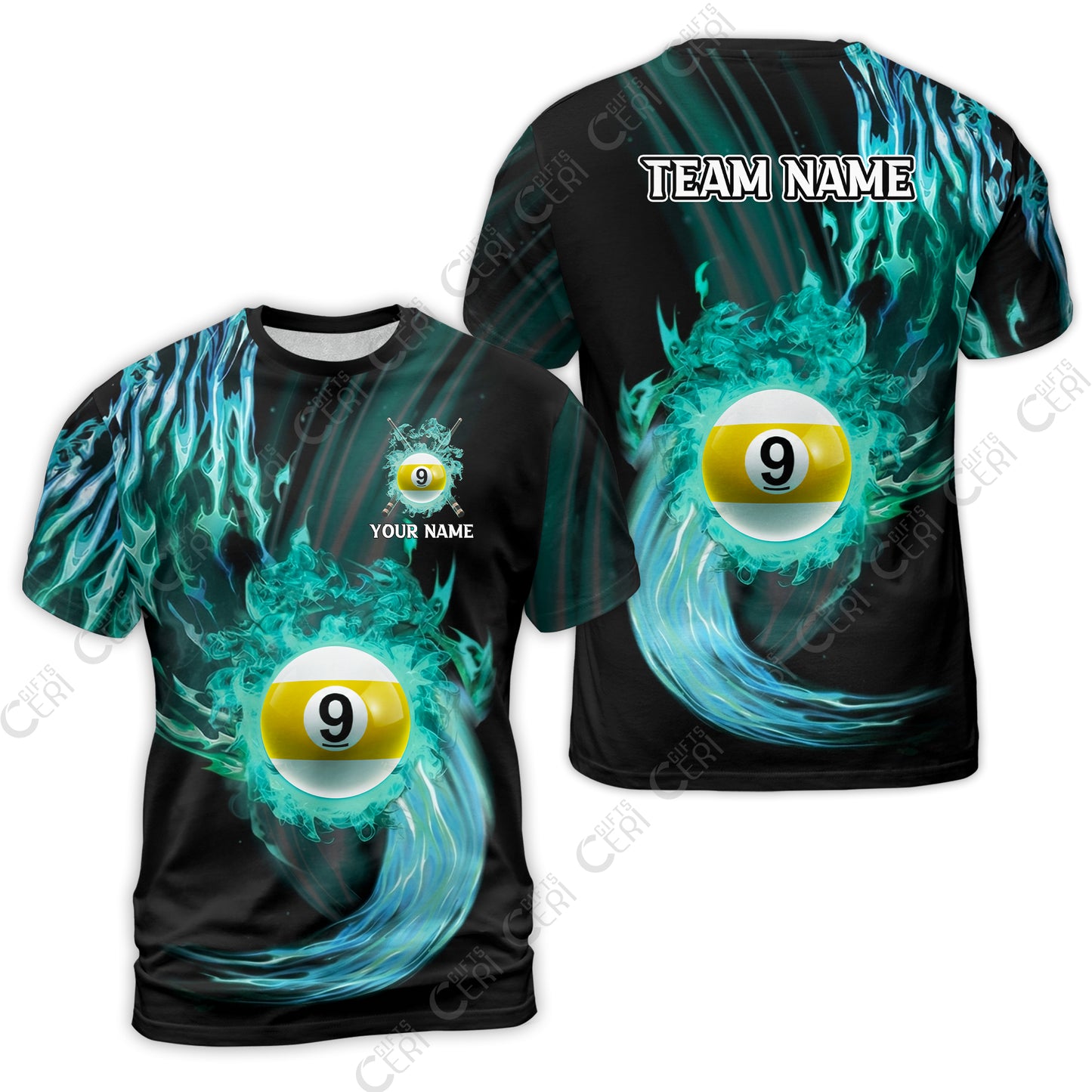 Customized 9 Ball Pool T-Shirt, 9-Ball Swirling Fire And Glowing Smoke, Billiards Jerseys