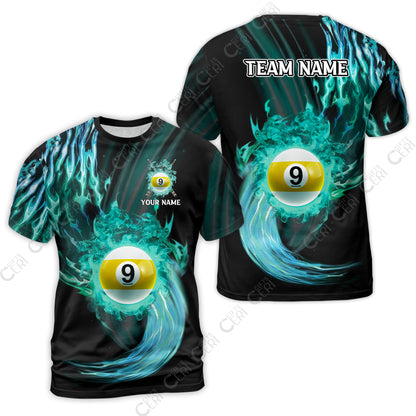 Customized 9 Ball Pool T-Shirt, 9-Ball Swirling Fire And Glowing Smoke, Billiards Jerseys