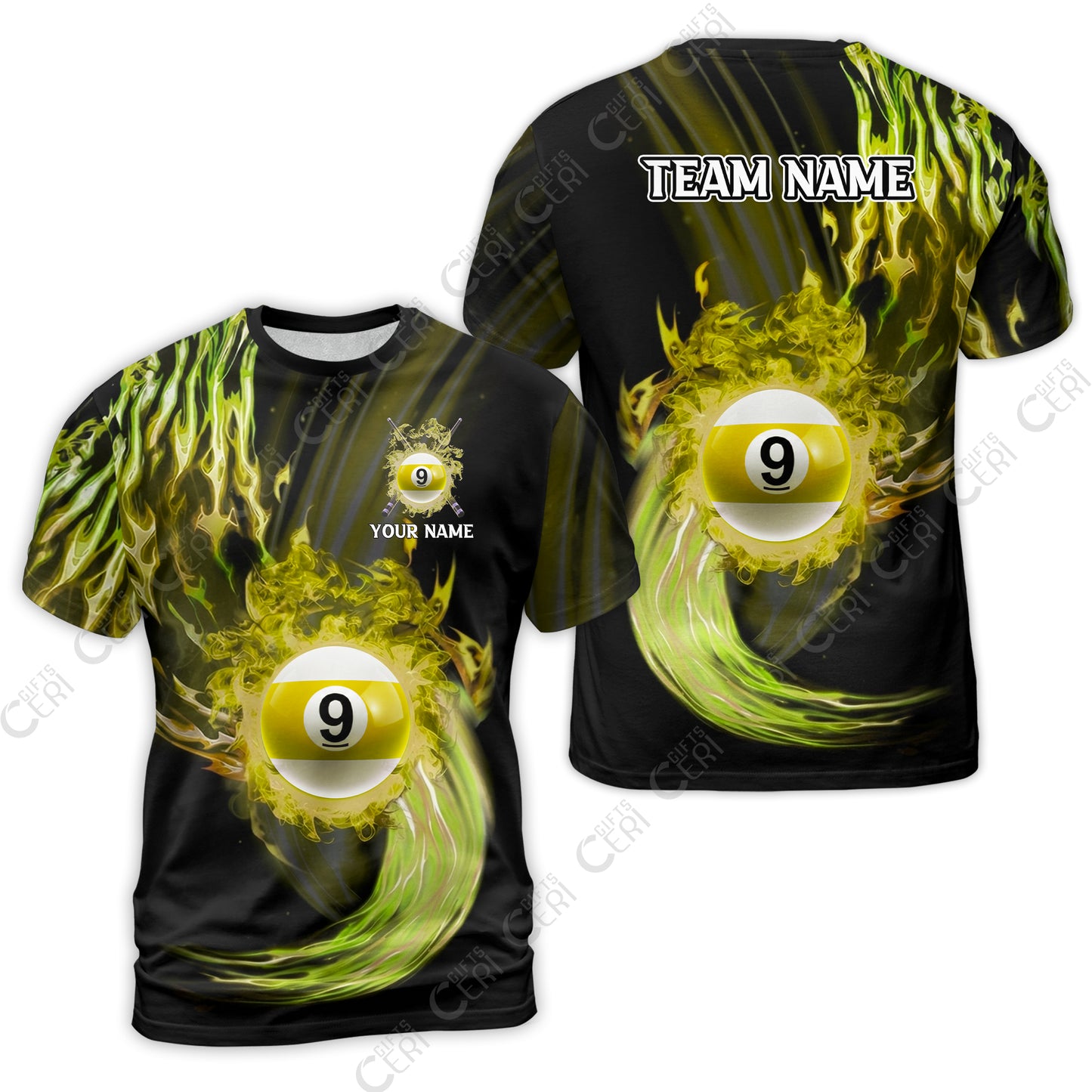 Customized 9 Ball Pool T-Shirt, 9-Ball Swirling Fire And Glowing Smoke, Billiards Jerseys