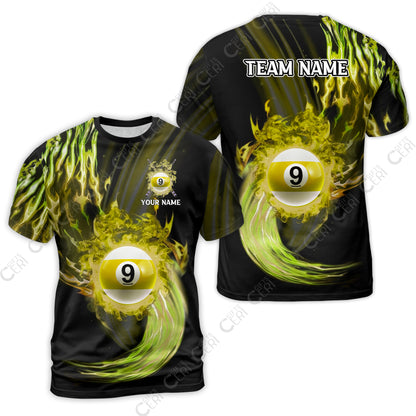 Customized 9 Ball Pool T-Shirt, 9-Ball Swirling Fire And Glowing Smoke, Billiards Jerseys