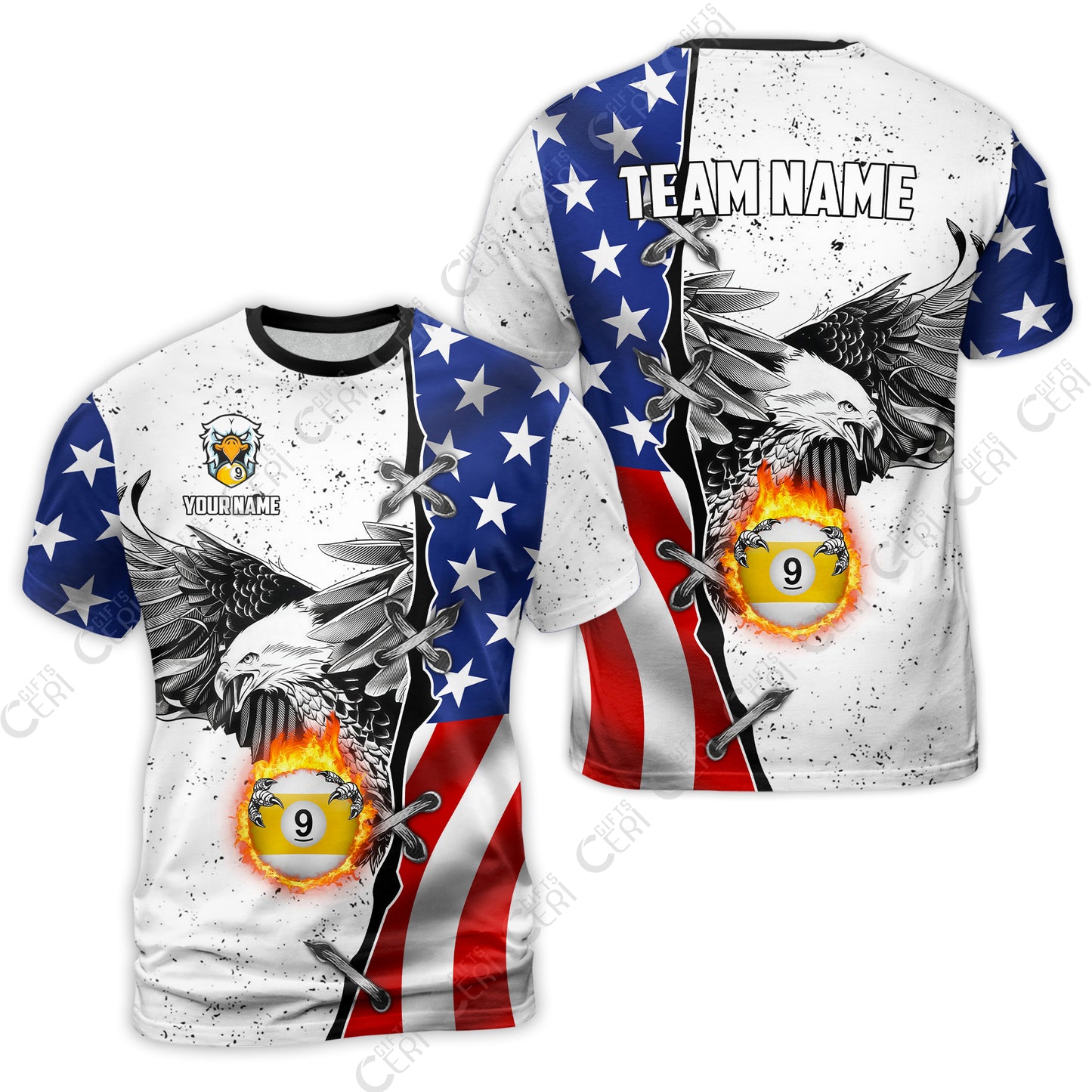 Customized Billiards T-Shirt, US Flag White Eagle Flame Pin Dust Pattern Personalized Billiard 9 Ball Jersey