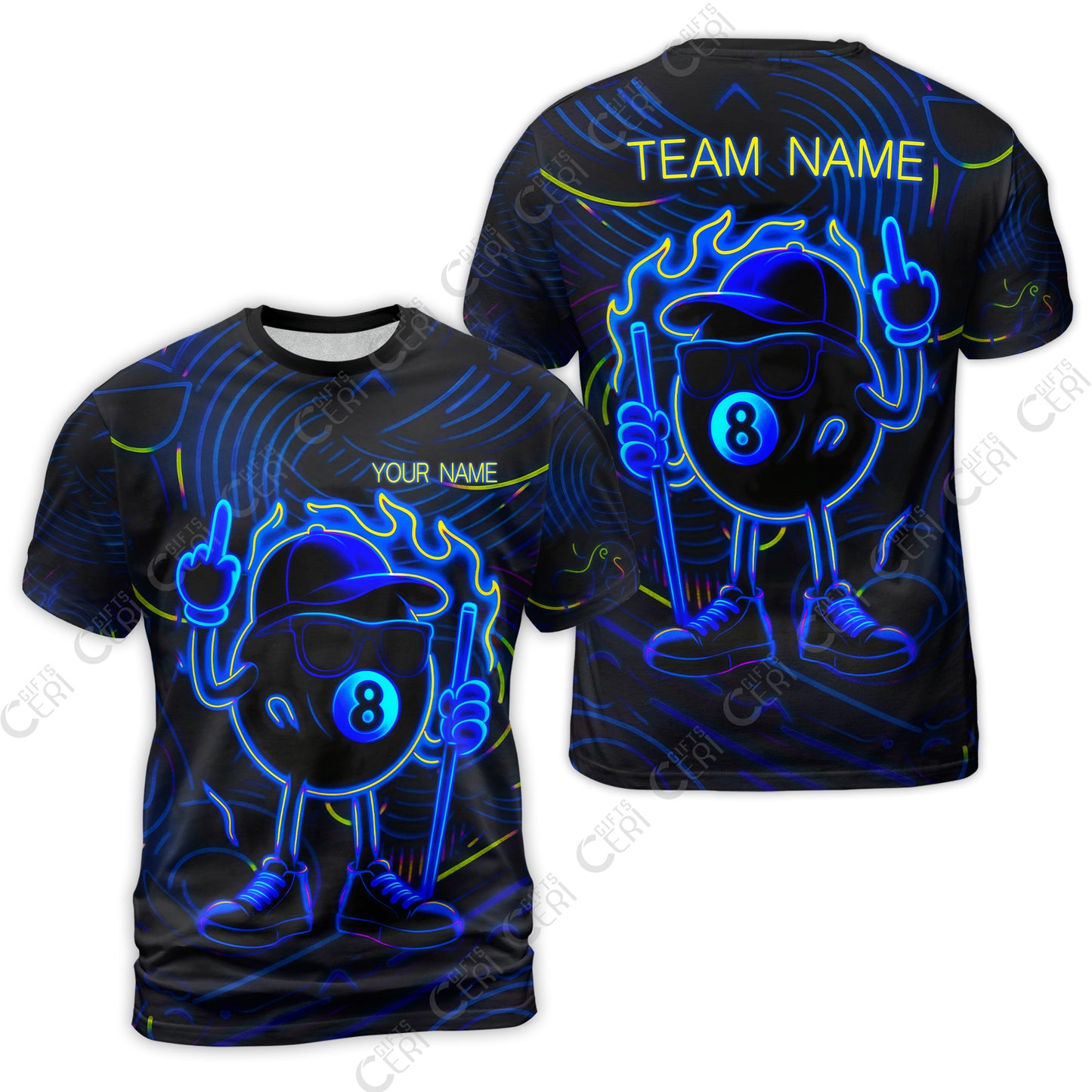 Customized 8 Ball Pool T-Shirt, 8-Ball Billiard Neon Cartoon Flaming, Billiard Jerseys