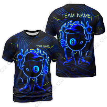 Customized 8 Ball Pool T-Shirt, 8-Ball Billiard Neon Cartoon Flaming, Billiard Jerseys
