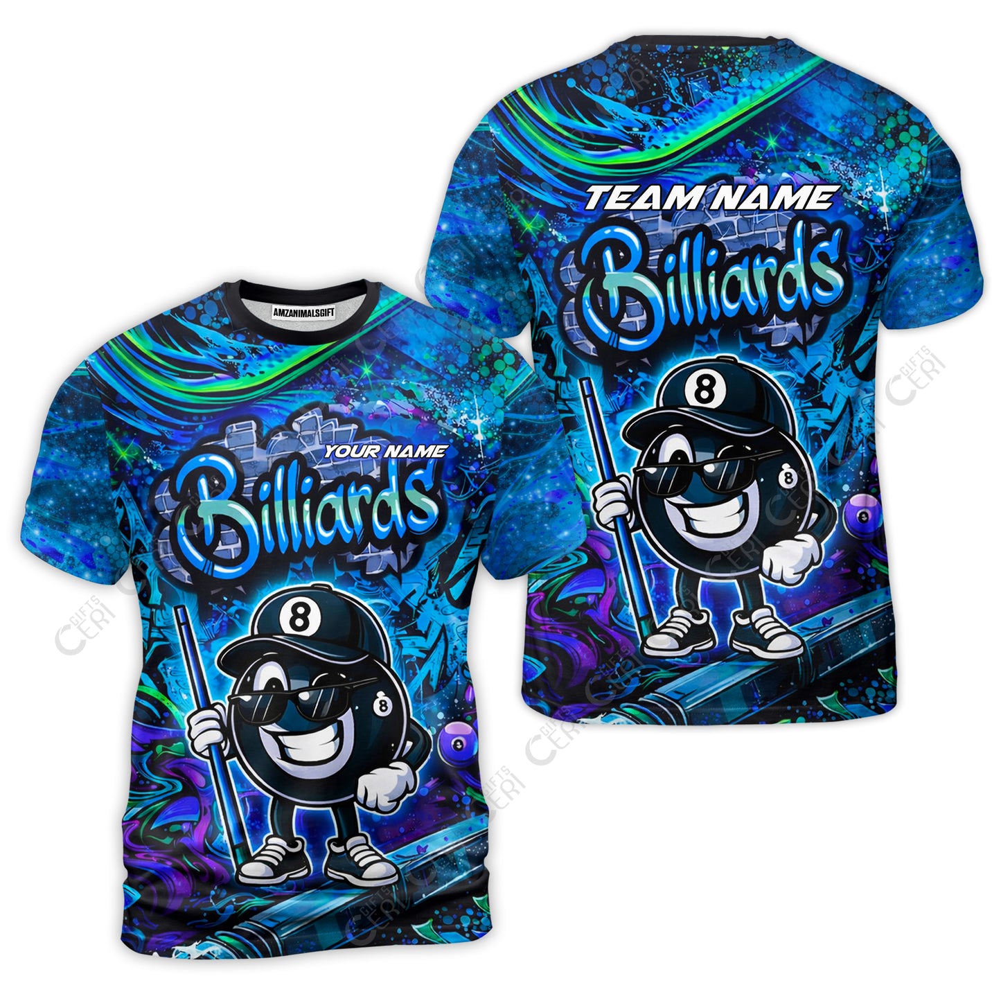 Customized Billiards T-Shirt, Personalized Street Graffiti 8 Ball Jersey Gift For Billiard Players