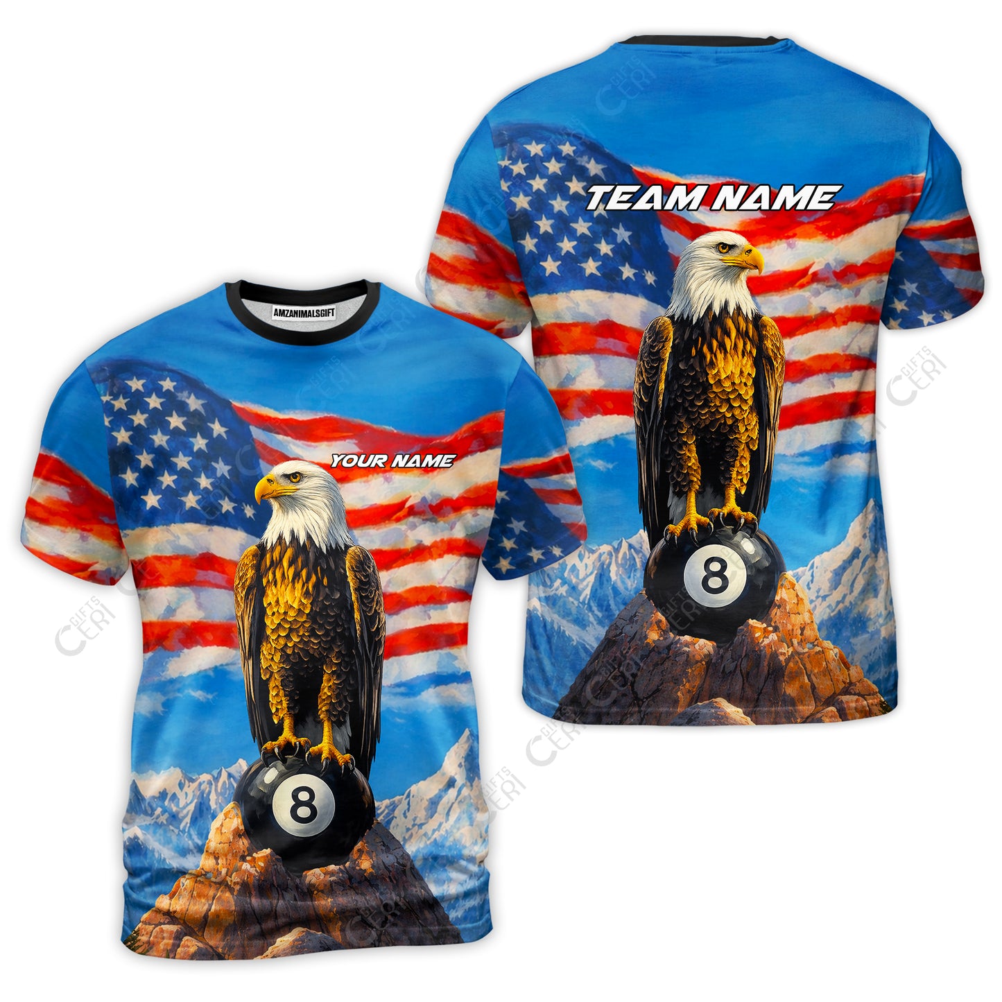 Customized Billiards T-Shirt, Personalized American Flag With Eagle 8 Ball Jersey Gift For Billiard Players