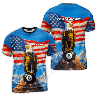 Customized Billiards T-Shirt, Personalized American Flag With Eagle 8 Ball Jersey Gift For Billiard Players