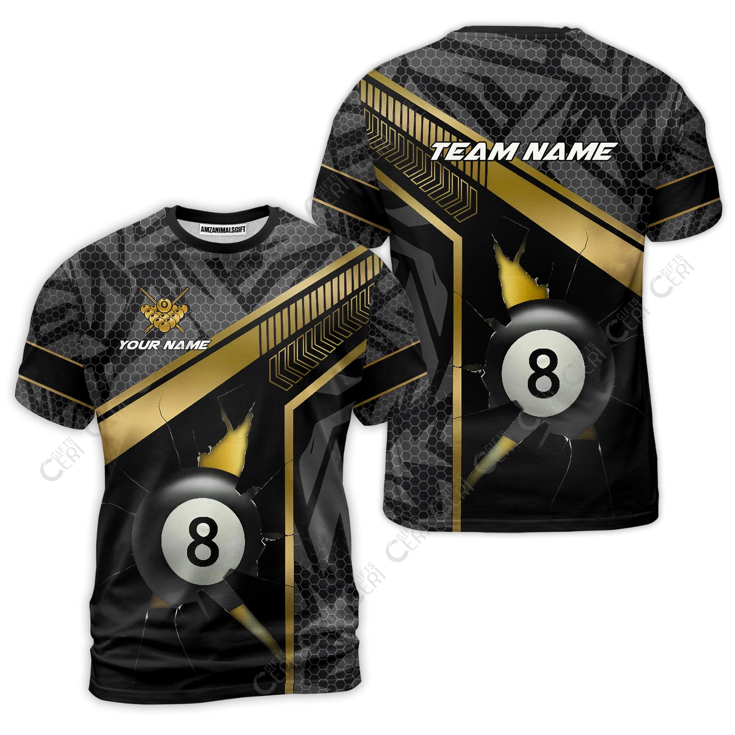 Customized Billiards T-Shirt, Personalized Hexagonal Patterns With A Cracked Glass 8 Ball Jersey