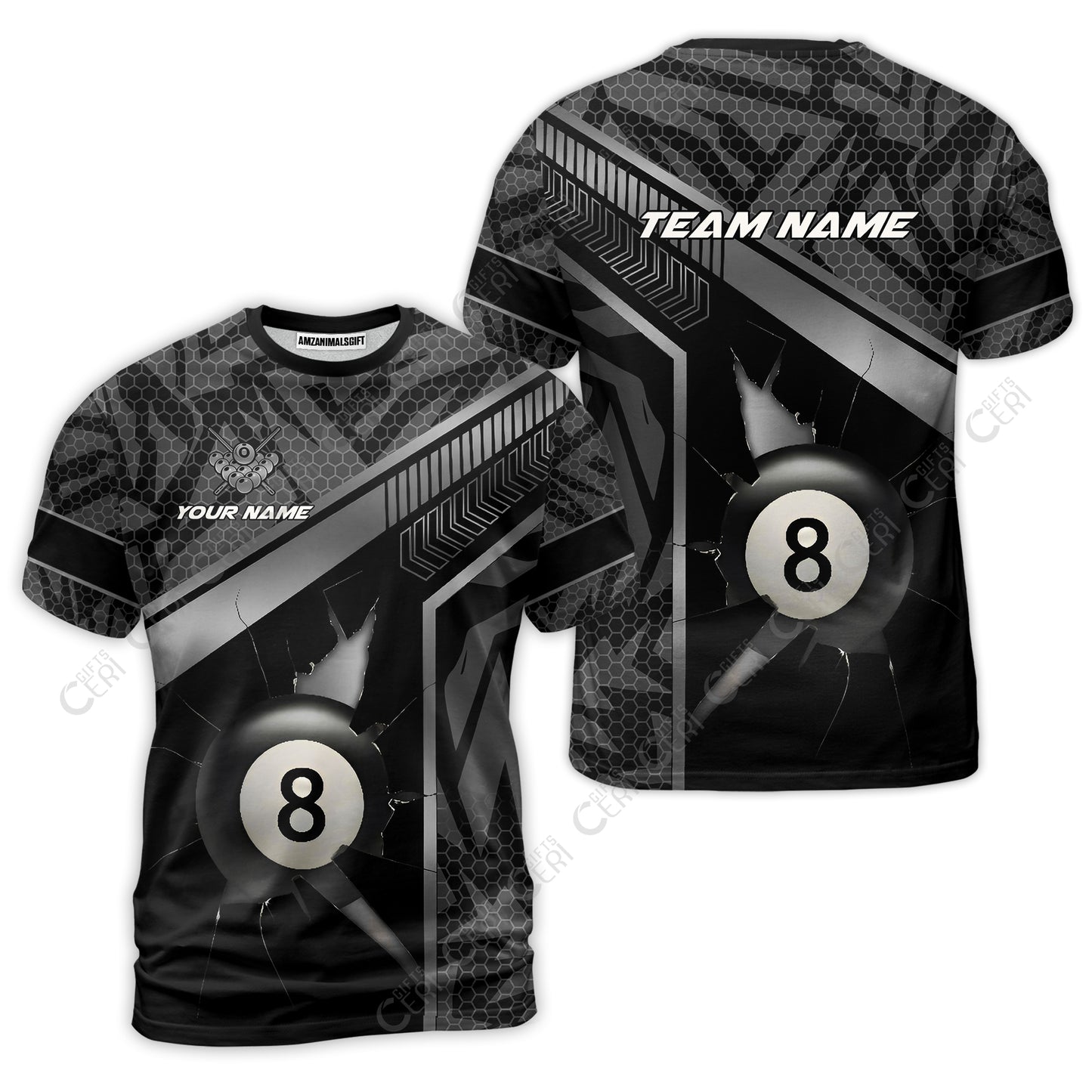 Customized Billiards T-Shirt, Personalized Hexagonal Patterns With A Cracked Glass 8 Ball Jersey