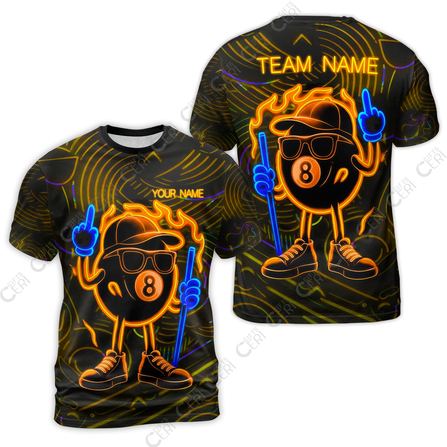 Customized 8 Ball Pool T-Shirt, 8-Ball Billiard Neon Cartoon Flaming, Billiard Jerseys