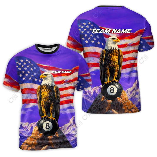 Customized Billiards T-Shirt, Personalized American Flag With Eagle 8 Ball Jersey Gift For Billiard Players