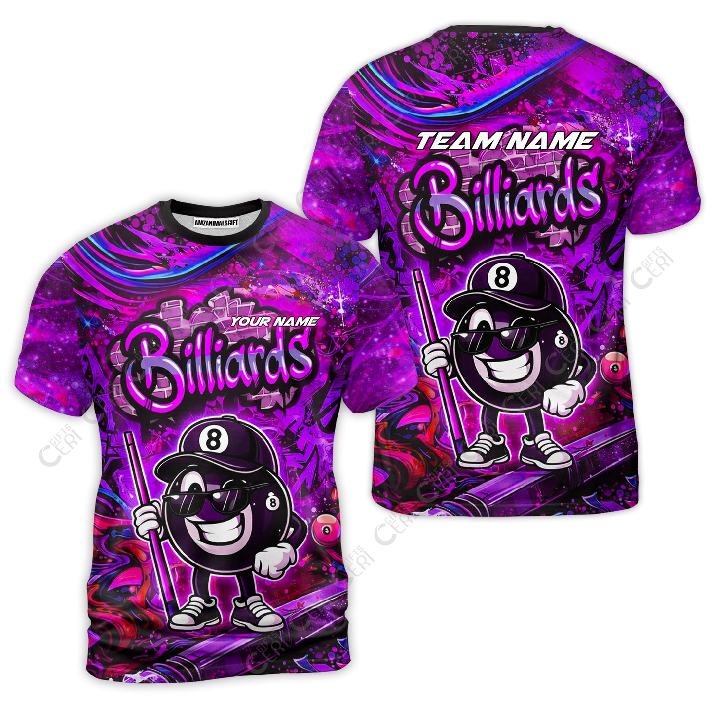 Customized Billiards T-Shirt, Personalized Street Graffiti 8 Ball Jersey Gift For Billiard Players