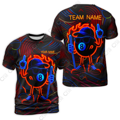 Customized 8 Ball Pool T-Shirt, 8-Ball Billiard Neon Cartoon Flaming, Billiard Jerseys