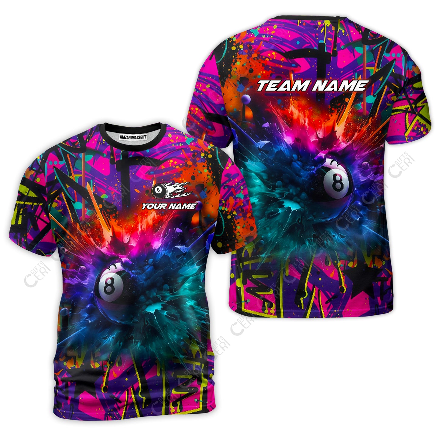 Customized Billiards T-Shirt, Personalized Neon Chaos 8 Ball Jersey Gift For Billiard Players