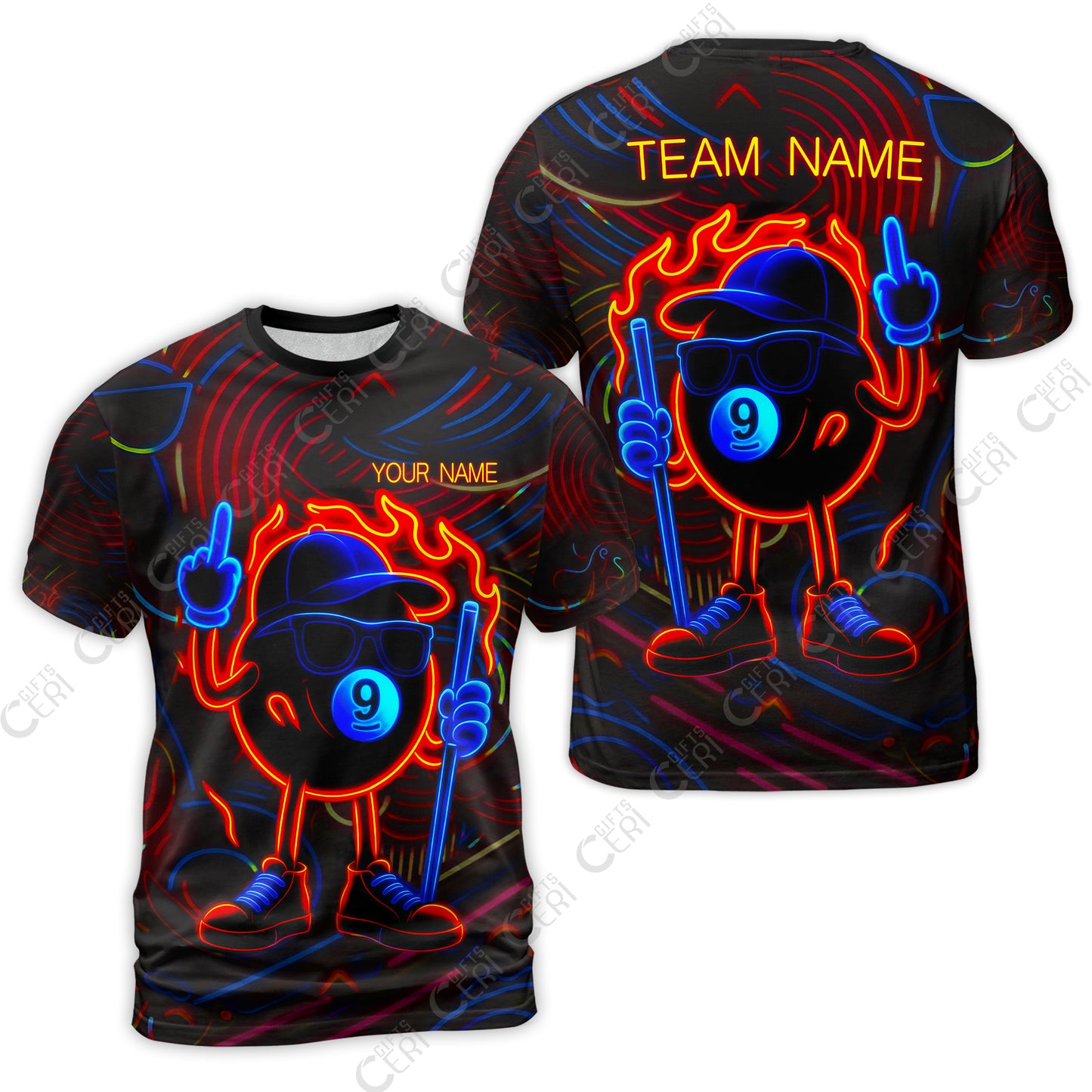 Customized 9 Ball Pool T-Shirt, 9-Ball Billiard Neon Cartoon Flaming, Billiard Jerseys