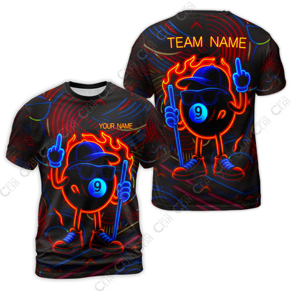 Customized 9 Ball Pool T-Shirt, 9-Ball Billiard Neon Cartoon Flaming, Billiard Jerseys