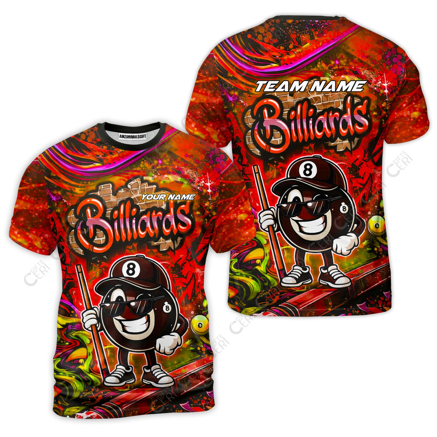 Customized Billiards T-Shirt, Personalized Street Graffiti 8 Ball Jersey Gift For Billiard Players