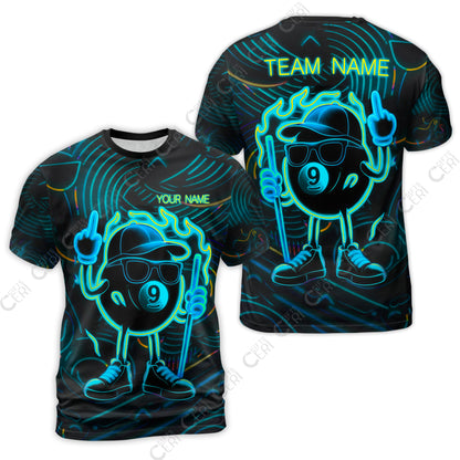 Customized 9 Ball Pool T-Shirt, 9-Ball Billiard Neon Cartoon Flaming, Billiard Jerseys