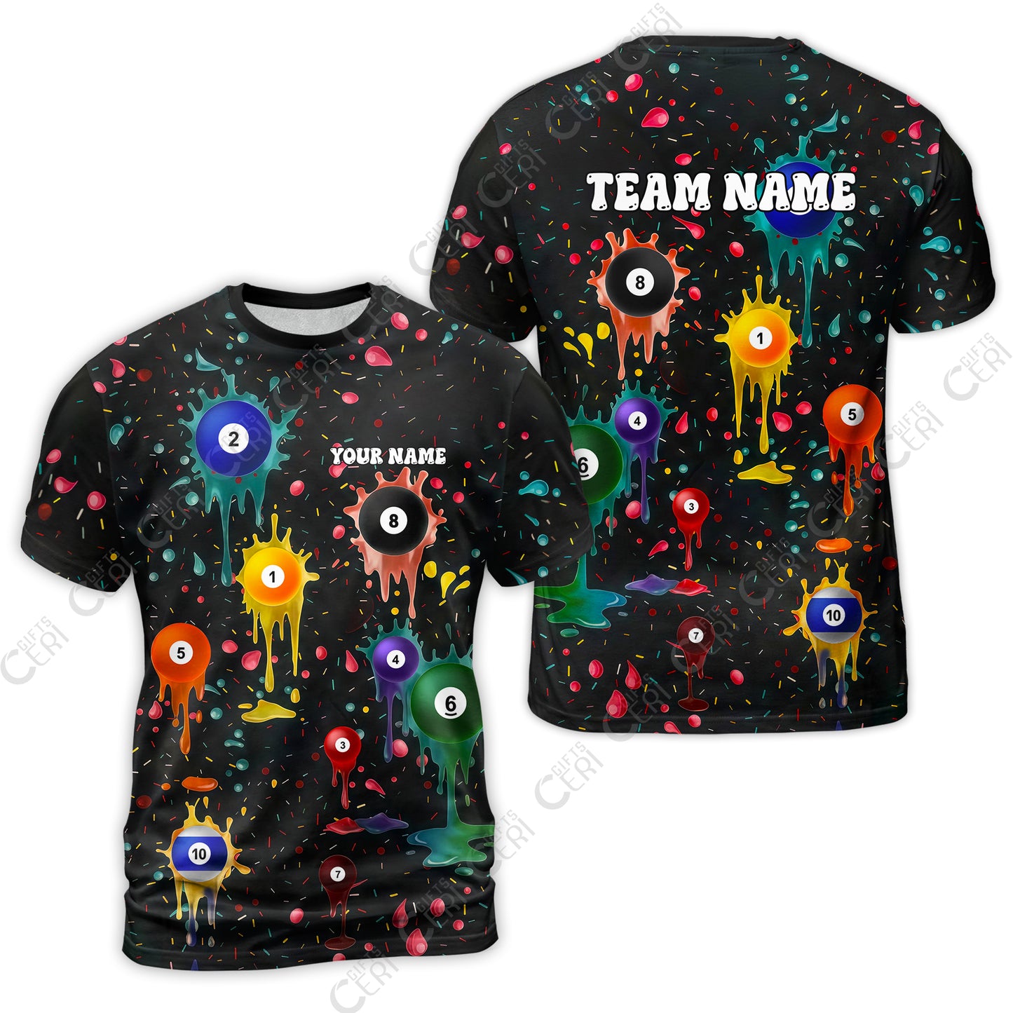 Customized 8 Ball Pool T-Shirt, Billiards 8-Ball Colorful Paint-Splash, Billiards Jerseys
