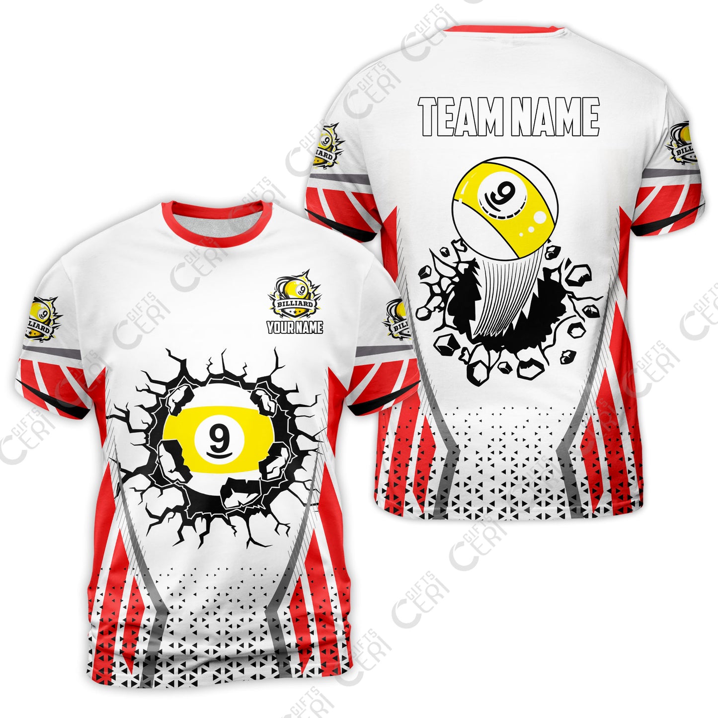 Customized 9 Ball Pool T-Shirt, Billiard Triangle Pattern, 9-Ball Breaks The Wall, Billiard Jerseys