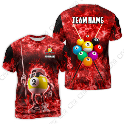 Customized 9 Ball Pool T-Shirt, 9-Ball Wearing Cap And Sunglasses Flaming Burn, Billiard Jerseys