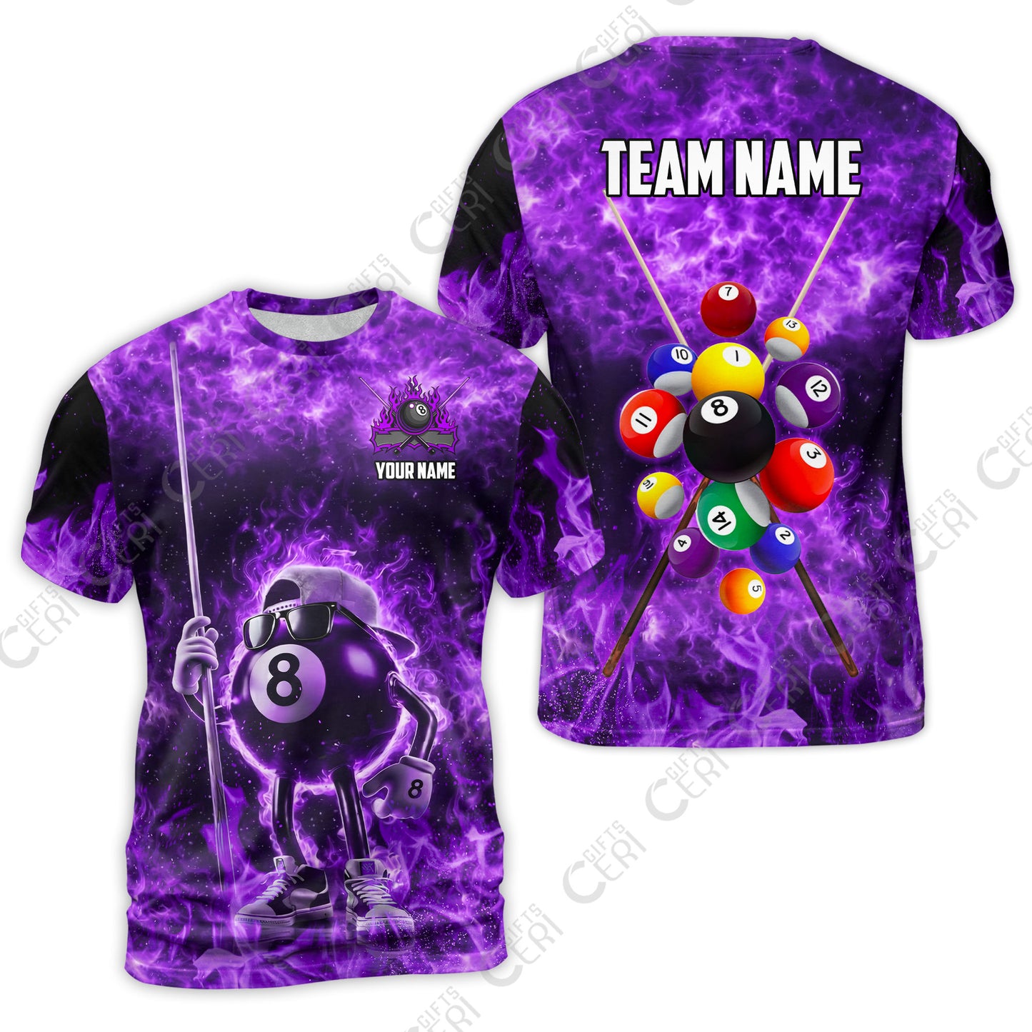 Customized 8 Ball Pool T-Shirt, 8-Ball Wearing Cap And Sunglasses Flaming Burn, Billiard Jerseys