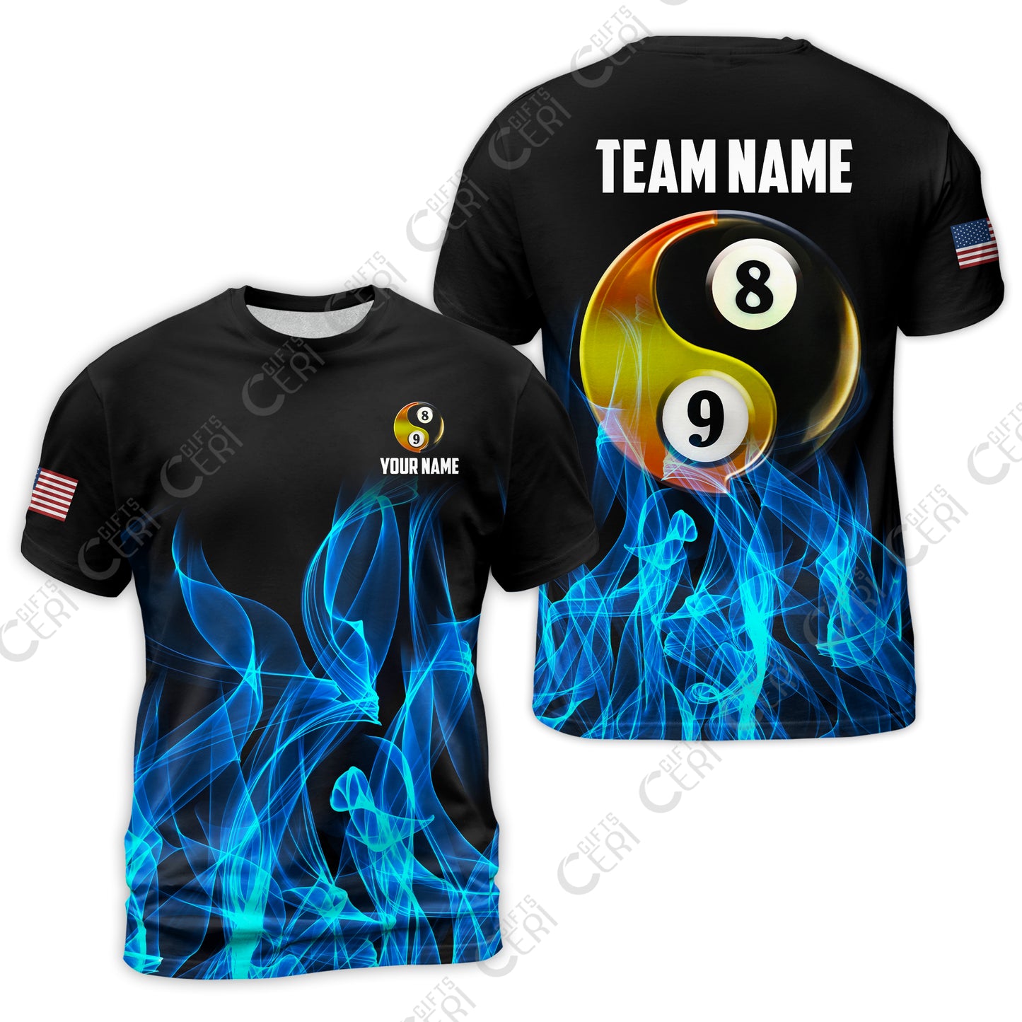 Customized Billiard T-Shirt, Billiard 8-Ball And 9-Ball Yin-Yang Flame, Billiard Jerseys