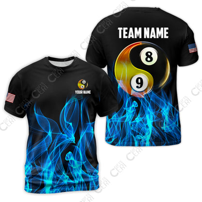 Customized Billiard T-Shirt, Billiard 8-Ball And 9-Ball Yin-Yang Flame, Billiard Jerseys