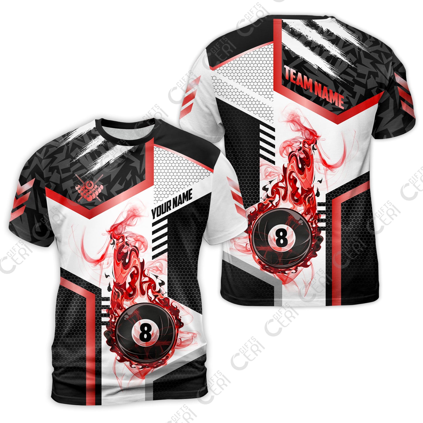 Customized Billiards T-Shirt, Flaming 8-Ball Graphic, 8 Ball Pool Jersey
