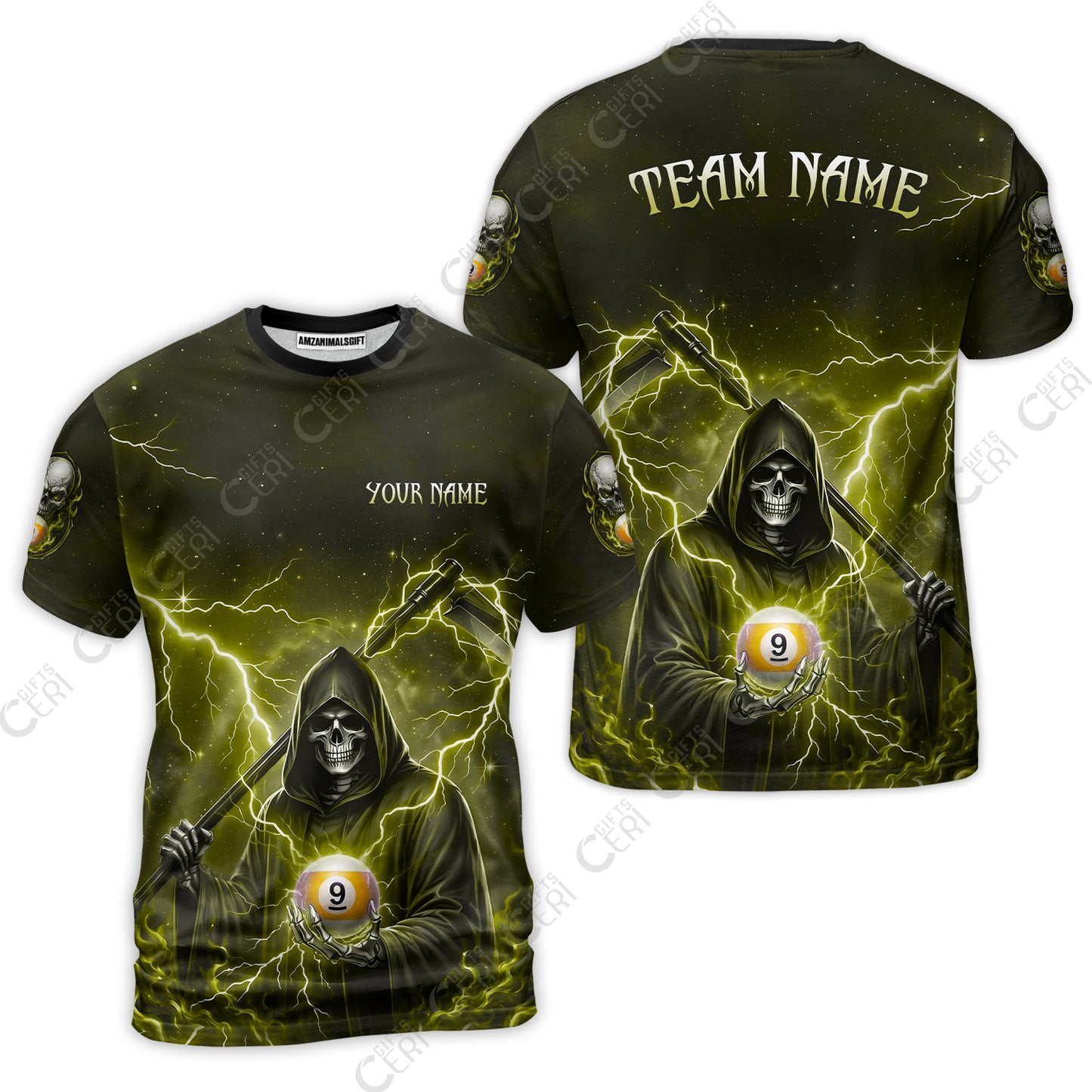 Customized 9 Ball Pool T-Shirt, Lightning And Flame Grim Reaper With 9 Ball, Personalized Billiards Jersey